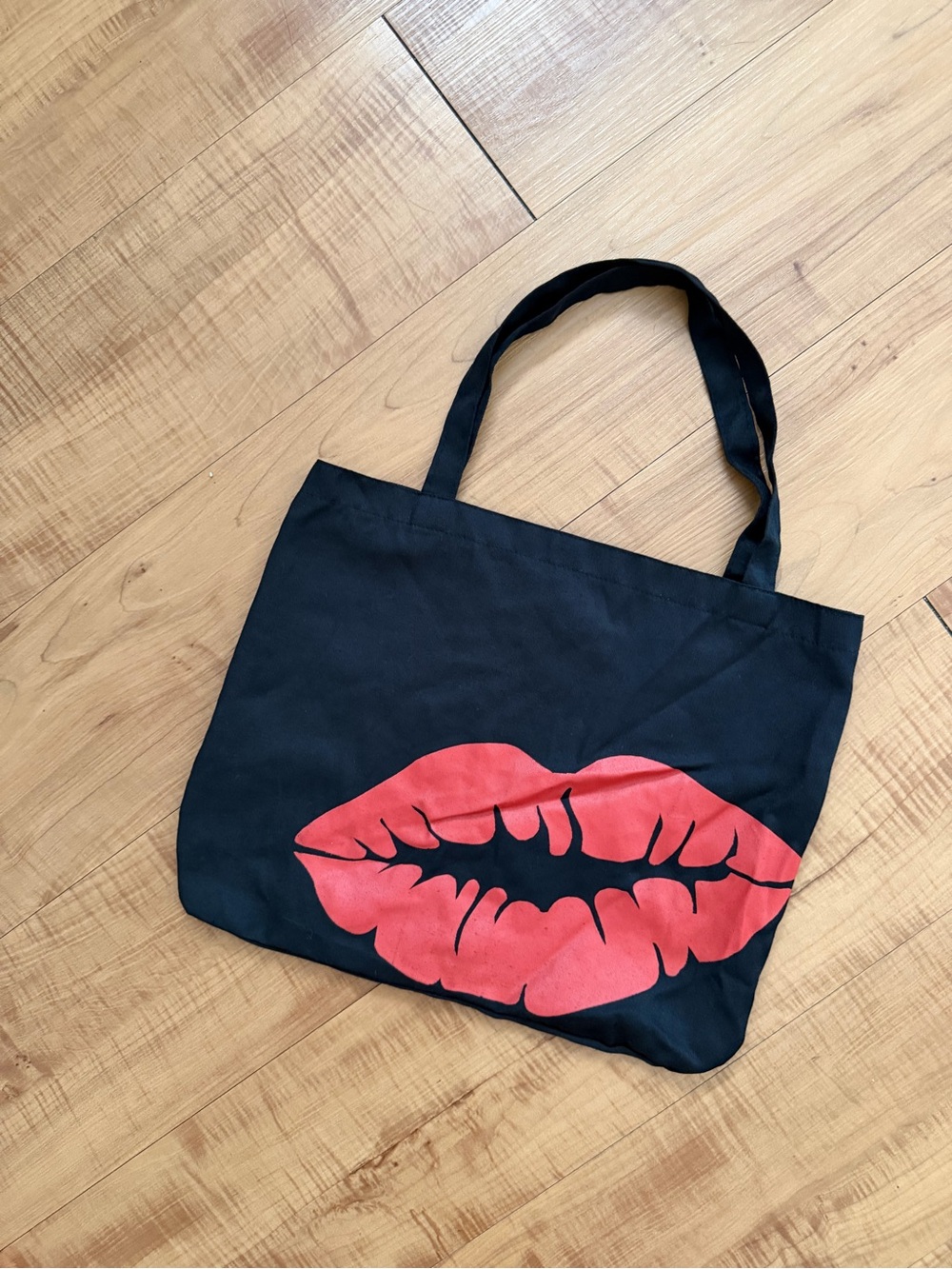 Black Tote Bag with Red Lips Kiss Graphic